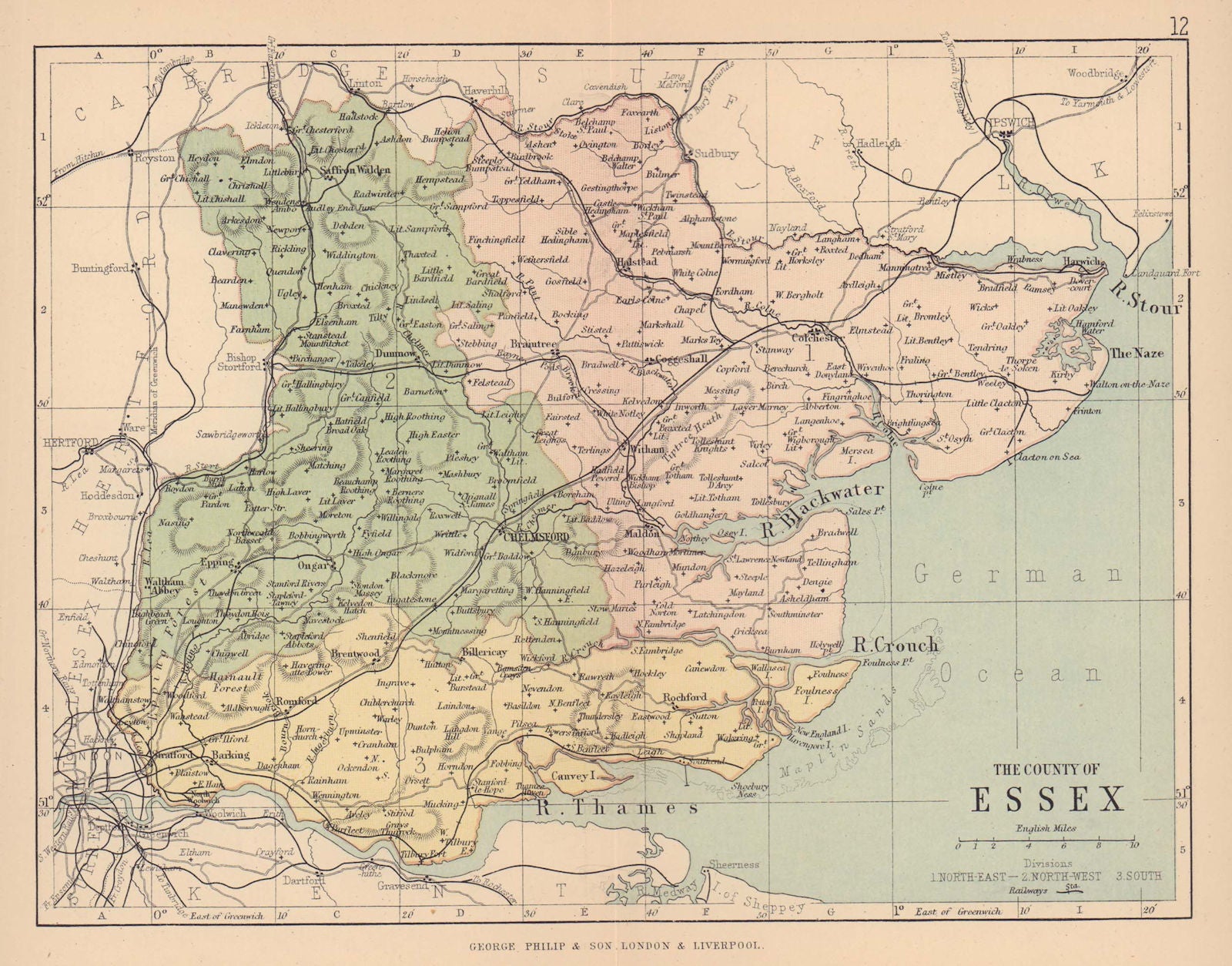 ESSEX. Antique county map. Railways. Constituencies. PHILIP 1885 old